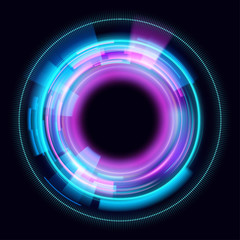 Abstract glowing circles on black background. Magic circle light effects. Illustration isolated on dark background. Mystical portal. Glow ring. Magic neon ball. Vector.