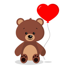 Obraz na płótnie Canvas Isolated cute romantic brown bear with red balloon in sitting pose on white background in cartoon flat style.