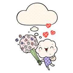 cute cartoon cloud head creature and thought bubble in comic book style
