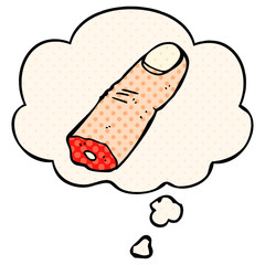 cartoon severed finger and thought bubble in comic book style
