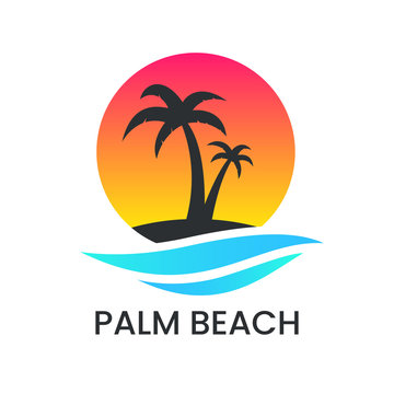 Beach sunset logo on white backdrop. Palm tree silhouette and blue wave. Vacation logotype. Travel agency template. Ocean coast and water. Summer emblem. Vector illustration