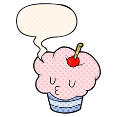 funny cartoon cupcake and speech bubble in comic book style