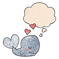 cartoon whale in love and thought bubble in grunge texture pattern style
