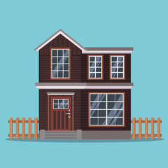 Isolated two-storey country house with a fence in cartoon flat style.