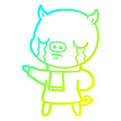 cold gradient line drawing cartoon crying pig wearing scarf