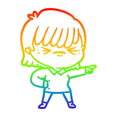 rainbow gradient line drawing annoyed cartoon girl pointing