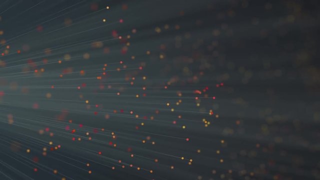 Abstract background with animation moving lines with glowing ends. Magic flickering dots, glowing flying lines. 4K animation from lines dots with depth of field and chaotic slow motion