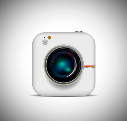 Realistic camera lens with reflections. Vector 3d professional photo video equipment macro device. Optical digital focus, zoom symbol, shutter photography technology object. Illustration isolated
