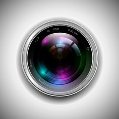 Realistic camera lens with reflections. Vector 3d professional photo video equipment macro device. Optical digital focus, zoom symbol, shutter photography technology object. Illustration isolated