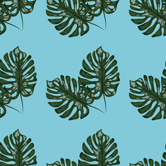 Palm Monstera Seamless Pattern. Blue Black Tropical Summer Background.