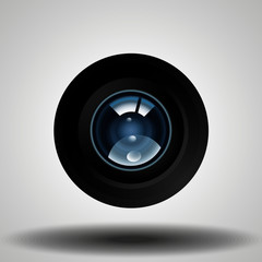 Realistic camera lens with reflections. Vector 3d professional photo video equipment macro device. Optical digital focus, zoom symbol, shutter photography technology object. 