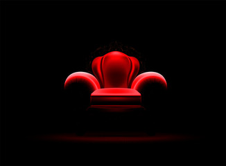 Vector illustration of an ancient red royal throne isolated on dark background in realistic style.