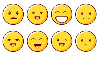 Smiling emoji with different emotions. Laugh, anger, despondency, tease, disappointment, wink