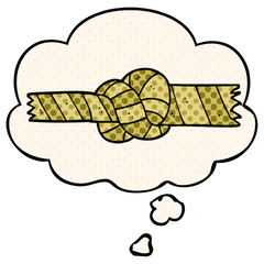 cartoon knotted rope and thought bubble in comic book style
