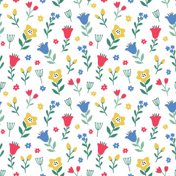 Seamless colorful floral pattern with wild flowers on black background. Simple scandinavian style. Ditsy print. Vector illustration