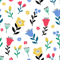 Seamless colorful floral pattern with wild flowers on white background. Simple scandinavian style. Vector illustration