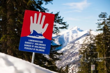 Warning sign avalanche danger, sermon chair, Lattengebirge, Berchtesgadener Alps, Bad Reichenhall, Berchtesgadener Land, Bavaria, Germany, Europe