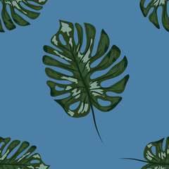 Fototapeta na wymiar Seamless indigo tropical pattern with monstera