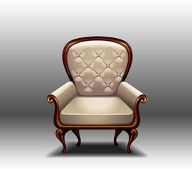 Vector illustration of an ancient white royal throne isolated on white background in realistic style. Gilded antiquarian armchair, exclusive old carved furniture with velvet seat.