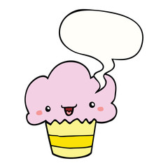 cartoon cupcake and face and speech bubble