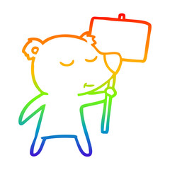 rainbow gradient line drawing happy cartoon polar bear with sign