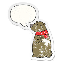 cartoon bear wearing scarf and speech bubble distressed sticker