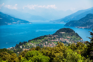 Como lake and Bellagio from above, view from Madonna del Ghisallo, Lecco, Italy. - obrazy, fototapety, plakaty