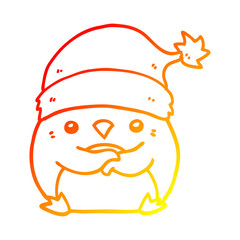 warm gradient line drawing cute cartoon penguin wearing christmas hat