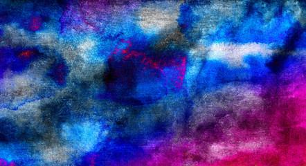Vivid ink textured blue, pink and purple color canvas for modern design. Aquarelle smeared abstract cosmic bright vintage dark watercolour illustration. Neon watercolor on black paper background