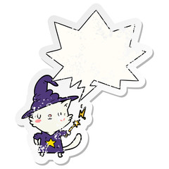 magical amazing cartoon cat wizard and speech bubble distressed sticker