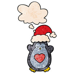 cute christmas penguin and thought bubble in grunge texture pattern style