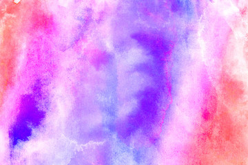 Smeared smooth bright purple and soft pink watercolor brush drawn background. Grunge light pastel colors ink glow aquarelle smudge illustration. Paper textured pattern for vintage design, retro card