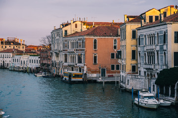 Beautiful view on Basilica di Santa Maria della Salute in golden evening light at sunset in Venice, Italy
