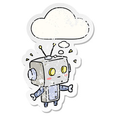 cartoon robot and thought bubble as a distressed worn sticker