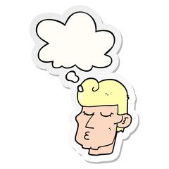cartoon handsome man and thought bubble as a printed sticker