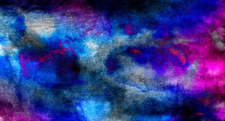 Vivid ink textured blue, pink and purple color canvas for modern design. Aquarelle smeared abstract cosmic bright vintage dark watercolour illustration. Neon watercolor on black paper background