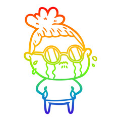 rainbow gradient line drawing cartoon crying woman wearing sunglasses