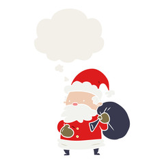 cartoon santa claus and thought bubble in retro style