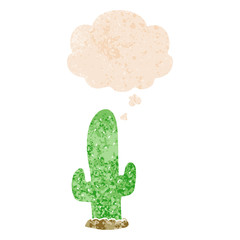 cartoon cactus and thought bubble in retro textured style