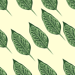 Seamless pattern, dark green, white and brown Ficus Elastica leaves on light background
