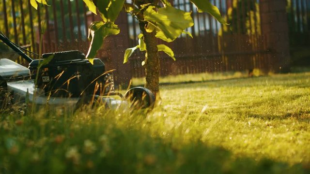 Low Angle Shot Of A Lawn Mower Cutting Grass