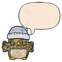 cute cartoon owl in hat and speech bubble in retro texture style