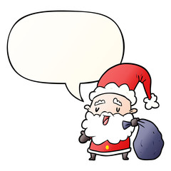 cartoon santa claus carrying sack of presents and speech bubble in smooth gradient style