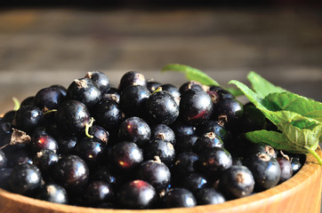 Harvest, ripe black currants, in a wooden bowl on old wooden boards.