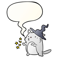 magical amazing cartoon cat wizard and speech bubble in smooth gradient style