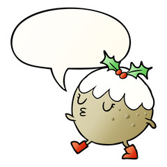 cartoon christmas pudding walking and speech bubble in smooth gradient style