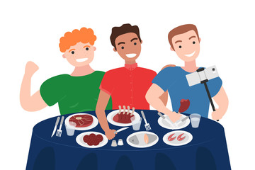 Vector Illustration of Group of Men are Making Selfie in Restaurant. Healthy Nutrition Concept of Carnivore Diet in Flat Style. Great for Poster, Banner, Wallpaper. Concept of Meat Lover 