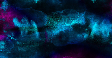 Vivid ink textured blue, pink and purple color canvas for modern design. Aquarelle smeared abstract cosmic bright vintage dark watercolour illustration. Neon watercolor on black paper background