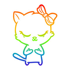 rainbow gradient line drawing cute cartoon cat with bow