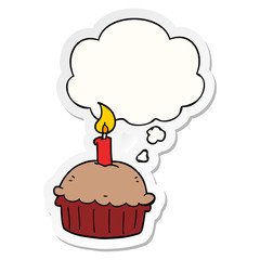 cartoon birthday cupcake and thought bubble as a printed sticker